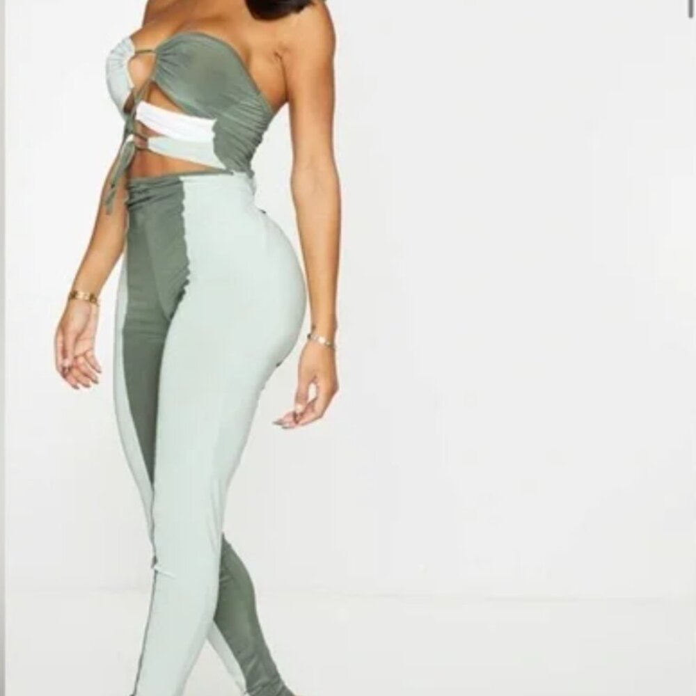 Pretty Little Thing -  shape sage green slinky color block cut out jumpsuit